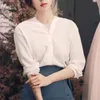 Camicetta bianca elegante coreana da donna Camicia a maniche lunghe casual con scollo a V con scollo a V in chiffon da ufficio 11571 210512