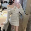 Solide Automne V Cou Bandage Taille Wrap Hanche Tricoté Robe Courte Mince À Manches Longues Hors Épaule Pull Robe Robe De Mujer 210610