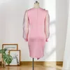 Appliques Flower Pink Elegant Party Dress for Women Bodycon Transprent Mesh Patchwork Sleeves Celebrate Date Out Occasion Robes 210527