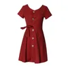 Peut-être U rouge col en V à manches courtes mini robe coeur bouton été D1084 210529