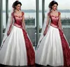 Vintage Borgonha e Branco Vestidos De Casamento Gótico Vestidos Noiva Quadrado Queda De Manga Curta Lace Up Corset Plus Size Uma linha Vestido de noiva contém véus sem pente 2021