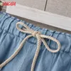 Tangada Kvinnor Vintage Tassel Denim Shorts Strethy Waist Fickor Kvinna Retro Casual Shorts Pantalones ZE18 210609