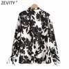 Spring Women Vintage Stand Collar Ink Flower Print Casual Smock Blouse Female Lace Up Shirts Chic Blusas Tops LS7579 210420