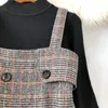 Vintage Kadınlar Elbise Sonbahar Kış Iki Parçalı Set Örme Kazak Üst Ve Yün Ekose Zarif Ofis Kanatları 210506