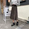 Studenci School Woolen Plised Spódnica Kobiety Harajuku Chic Plaid Długa Wiosna Kobieta Wysoka Talia Plus Size Midi Saia 210421