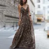 Mulheres vestido leopardo impressão maxi es v pescoço sem mangas sem costas sexy elegante cintura alta verão es 210513