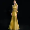 2023 Элегантные золотые платья с блестками Sequined Proms One Plouds Neck Spell Вечерние платья атласные поезд