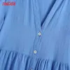 Summer Women French Style Blue Shirt Short Sleeve Ladies Midi Dress Vestidos BE570 210416