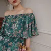 Pinnkoz Letnie wakacje Zielony Kwiatowy Drukowane Ruffles Slash Neck Sim Bodycon Mermaid Midi Sukienka Kobiety Casual Beach Dresses Boho 210421