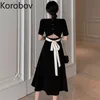 Korobov Sommer Neue Chic Schnürung Bogen Frauen Kleid Vintage Elegante Hohe Taille Süße Kleider Kurzarm Vestidos 2a650 210430