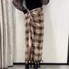 TRAF女性のファッションノットサイドベントチェックミディスカートビンテージハイウエストバックジッパー女性スカートMujer 210415