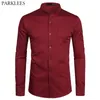 Wine Red Slim Fit Dress Shirts Men Brand Mandarin Collar Long Sleeve Shirt Male Casual Business Work Shirt with Pocket 2XL 210522