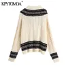 Women Fashion Oversized Jacquard Cable-knit Sweater V Neck Long Sleeve Female Pullovers Chic Tops 210420