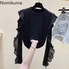 Nomikuma Chegada Ruffle Patchwork T Shirt O Pescoço De Manga Longa Oco Out Magro Camisetas Mulheres Corean Moda Ropa Mujer 3D201 210514