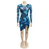 Sheer Mesh Tie Dye Sexy Ruched Body-con Mini Dress Women Long Sleeve O Neck Print Drawstring Tight Party Night Club Casual Dresses