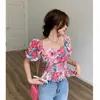 Camisa Chiffon Mulheres Design Sensor Sentido Sleeves Francês Floral De Manga Curta Verão Halter Bow Top 210529