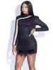 Kadınlar Seksi Uzun Kollu Balıkçı Yaka Glitter Sparkly Tüy Siyah Bandaj Elbise Kulübü Ünlü Bodycon Parti Vestido 210527