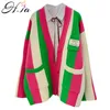 H.SA Dames Lange Jas Vneck Oversized Cardigans Patchwork Sweater Casual Gestreepte Chic Street Knit Poncho Koreaanse Tops 210417