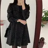 Jupe Femme Jesień Damska Sukienka Koreańska Czarna Polka Dot A-Line Vestidos Z Długim Rękawem O-Neck Sukienki dla kobiet 10840 210508