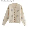 Höst Casual Chic Floral Broderi Stickade Cardigans Kvinnor Fall Fashion O-Neck Cardigan Sweater Kvinna Lösa Tröjor 210508