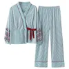 Höst Pajama Girl Pajama Ställer Lovely Striped Print Japanska Kimonos för plus storlek 3xl 100% bomull Yukata 210809