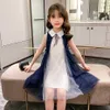 Summer Dresses For Girls Mesh Dress For Girl Turn Down Collar Children Party Dresses With Bow Patchwork Childrens Clothing Q0716