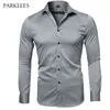 Grijze elastische bamboe fiber shirt mannen gloednieuwe mouwen heren jurk shirts niet-ijzeren eenvoudige zorg zakelijke werk chemise homme xxl 210410