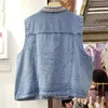 [Ewq] Våren Nya Kvinnor Casual Loose O-Neck Solid Färg Loose Short Minimalistisk Ärmlös Denim Vintage Vest Coat 16F0736 210423