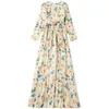 Dames Zomer Designer Elegant Holiday Foral Gedrukt Lange Mouw Casual Party Robe Dames Gele Chiffon Maxi Jurk Vestidos 210525