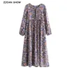 Boho Lacing up Vネックパープル花柄マキシロングコットンドレスエスニック女性包帯スリーブドレスホリデーvestido 210429