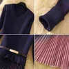 Autumn Winter Elegant Knitted Patchwork Gradient Pink Pleated Dres Long Sleeve Office Sweater Dress With Belt 211029