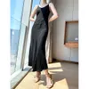 Summer Sexy Dress Vintage Womens Evening Party Night Club V Neck Black Rayon Silky Satin Dresses 210608