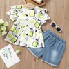 Sommar 2-bitars baby / toddler Girl Print Dress och Denim Shorts Set 210528