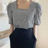 コレヒパアの女性のブラウス韓国のシックな夏の穏やかな正方形のカラーチェック柄ファッションルーズフィッティングバブルスリーブ女性のシャツトップ210526