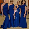 2021 Nieuwe Afrikaanse Sexy Royal Blue Lange Bruidsmeisjes Jurken Eén Schouder Mermaid Satijn Vloer Lengrh Plus Size Formele Bruiloft Gastjurken