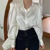 Chemisiers pour femmes chemises coréen bulle manches lâche Satin bouton revers élégant hauts blanc Chic Blouse Blusas Mujer 12635 220913