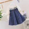 Princesa Princesa Outono Patchwork Lace Denim Vestido Crianças Crianças Moda Roupas Crianças Bebê Meninas Festa Vestidos 3-8Y G1026