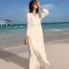 Jastie Retro Patchwork Lace Beach Maxi Dress V-Neck Z Długim Rękawem Bawełniane Wiosna Letnie Suknie Wakacje Boho Kobiet Vestidos 210419