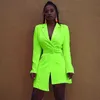 2019 Automne Mode Costumes Col Cranté Blazer Porter Au Travail Veste Lime Néon Couleur Manteau Irrégulière Longue Tenue Pour Les Femmes X0721
