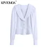 Vrouwen zoete mode ruche trim bijgesneden witte blouses blous puff mouw edelstenen knoppen vrouwelijke shirts chique tops 210420