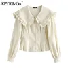 Women Sweet Fashion Ruffled Corduroy Fitted Blouses Long Sleeve Button-up Female Shirts Blusas Chic Tops 210420