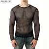 Homens transparentes transparentes sexy camiseta ver através de fishnet manga comprida Muscle Undershirts festa de discoteca realizar top t-shirt 210522