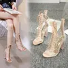 Wysokie sandały rurowe przezroczyste seksowne, krzyżowane kryształowe obcasy buty w stylu Rzymy