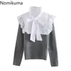 Nomikuma Contrast Color Ruffle Patchwork Women Sweater Sweet Bow Tie Turtleneck Knitted Tops Autumn Winter Pull Femme 6C955 210427