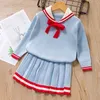 Set di abbigliamento per ragazza Primavera Inverno Abbigliamento per bambini Abito a maniche lunghe con cravatta Colletto per bambini carino Maglieria Outfit 2 pezzi 210429