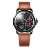 Creative Leather Strap Unique Cool Sport 3D Rim Watch Skeleton Quartz Mens Car Wheel Watch Luxury Steel Clock Cool Male reloj