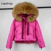 Lagabogy Top Qualité Manteau D'hiver Femmes Grand Fourrure De Raton Laveur À Capuche 90% Duvet De Canard Blanc Épais Parkas Femme Neige Puffer Vestes 210823