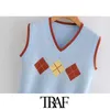 TRAF Women Sweet Fashion Argyle Patchwork Cropped Knitted Vest Sweater Vintage Sleeveless Female Waistcoat Chic Tops 210415