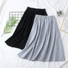Vår sommar bomull Midi kjol Kvinnor Koreansk stil vit svart blå hög midja solskola en linje kvinnlig 210421