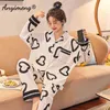 Cotton Long Sleeve Cardigan Pajamas Set Spring Autumn Winter Fashion Bears Printing Lapel Button Stylish Plaid Women Pjs 211215